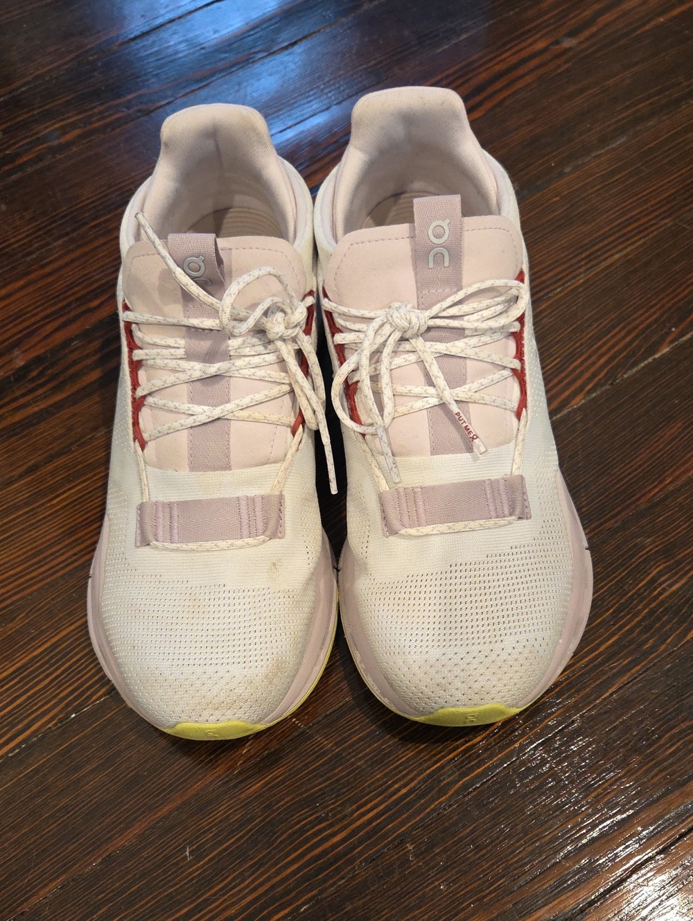 On Running Women's Cloudnova Sneakers in Light Pink, White and Red Accent
